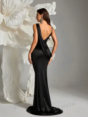 BAE Solid Color Black Draped Neck Fishtail Elegant Formal Dress,Formal Gown,Birthday Women Outfits,Dinner Outfit,Long Dresses,Prom Dresses,Satin Dresses