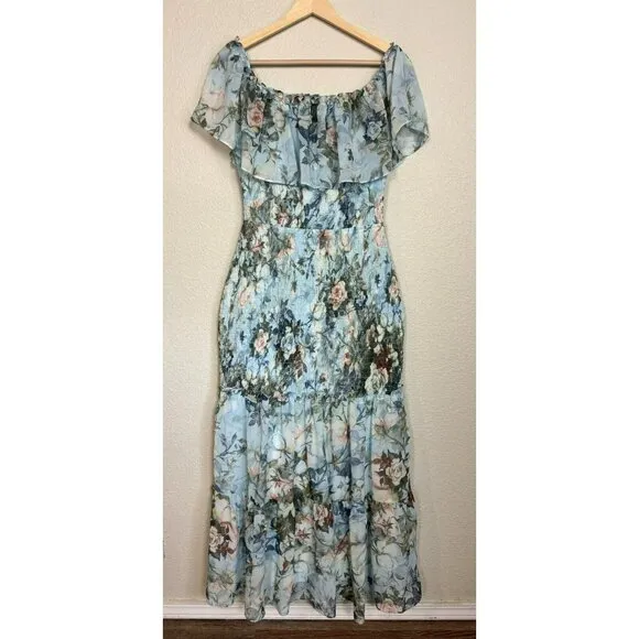Baltic Born Dress Womens Blue Amalfi Smocked Floral Print Maxi Dress Size Large