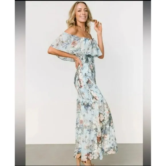 Baltic Born Dress Womens Blue Amalfi Smocked Floral Print Maxi Dress Size Large