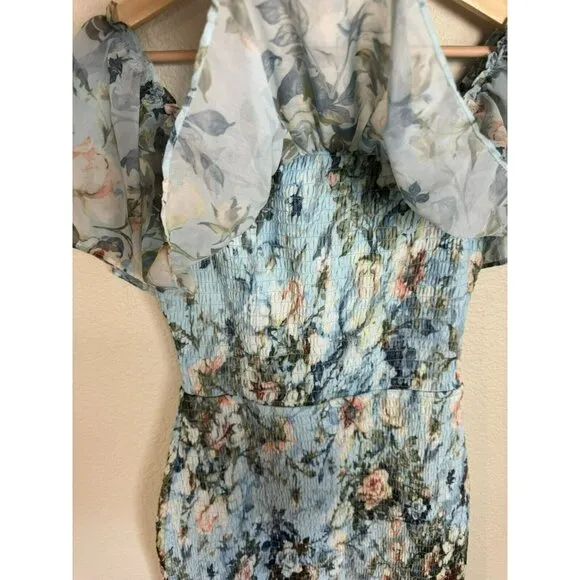 Baltic Born Dress Womens Blue Amalfi Smocked Floral Print Maxi Dress Size Large