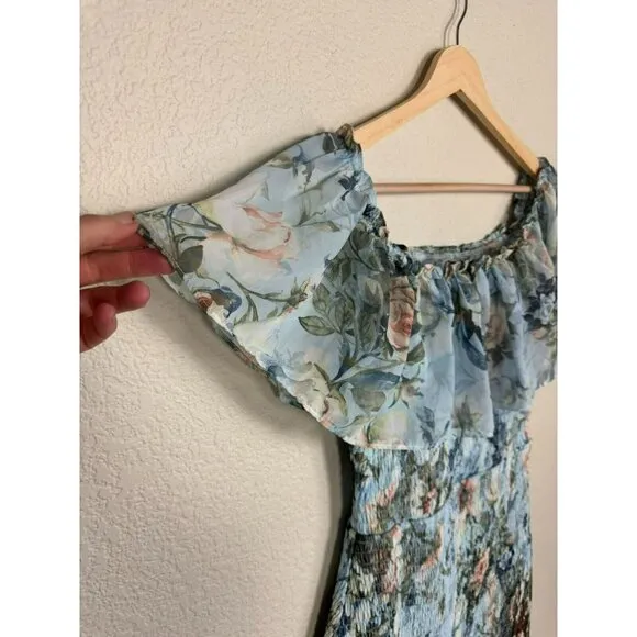 Baltic Born Dress Womens Blue Amalfi Smocked Floral Print Maxi Dress Size Large