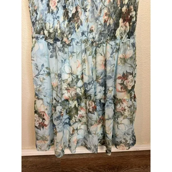 Baltic Born Dress Womens Blue Amalfi Smocked Floral Print Maxi Dress Size Large