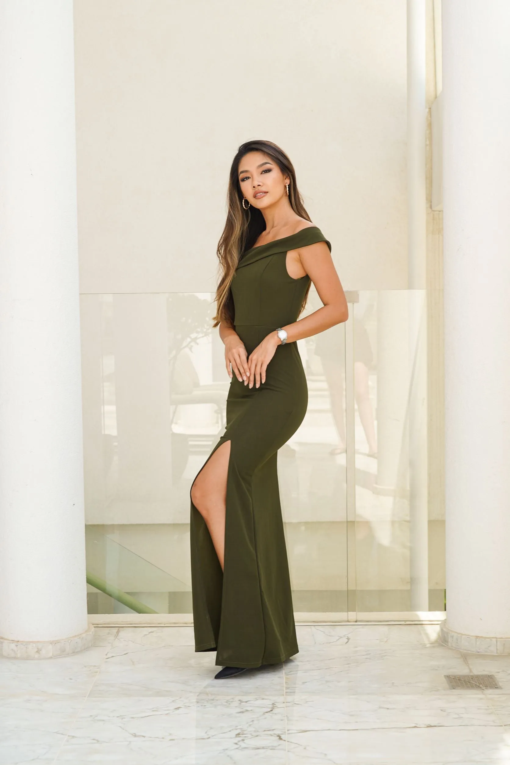 Bardot Crepe Maxi Dress with Front Slit