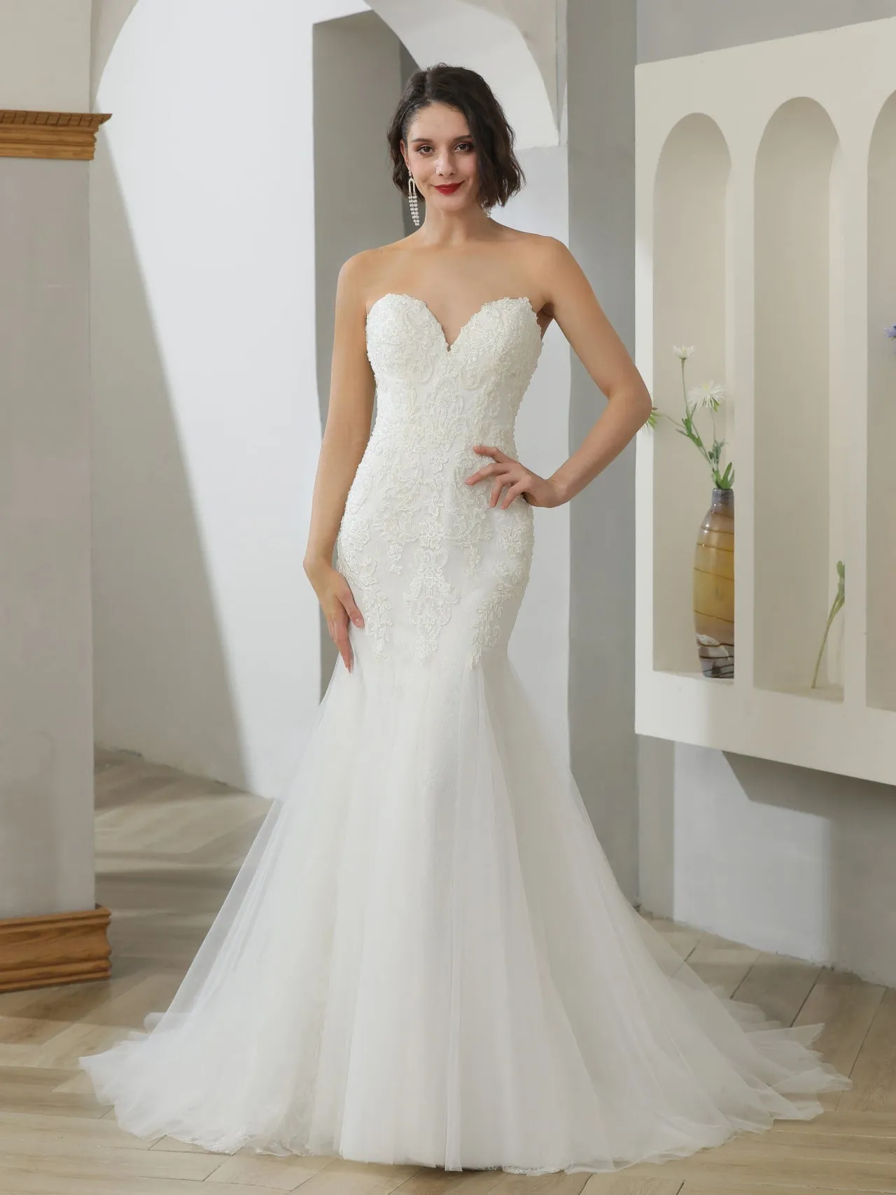 Beaded Sequin Floral Lace Trumpet Wedding Dress Maggie