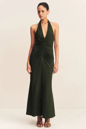 Beau Halter Ruched Midi Dress in Army Green
