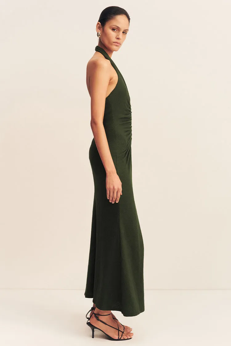 Beau Halter Ruched Midi Dress in Army Green