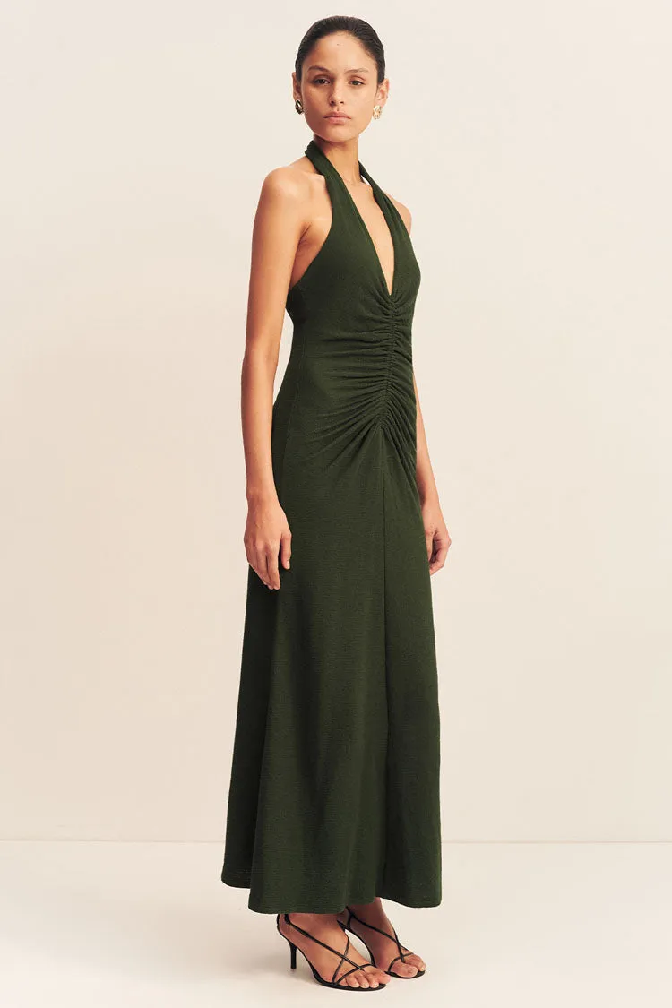 Beau Halter Ruched Midi Dress in Army Green