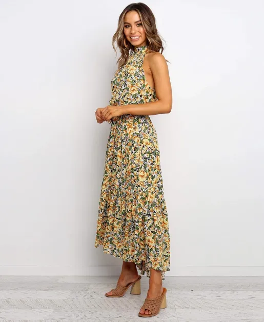 BerryBetty - Elegant Sexy Beach Long Dress Women Fashion Print Flowers Strap Ladies Halter Boho Dress