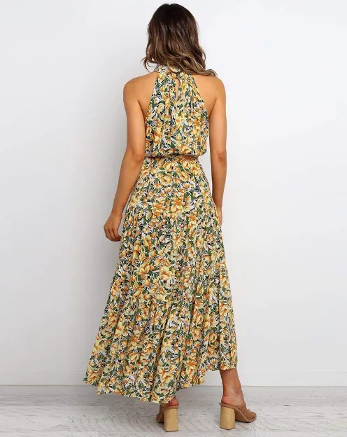 BerryBetty - Elegant Sexy Beach Long Dress Women Fashion Print Flowers Strap Ladies Halter Boho Dress
