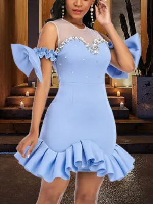 BerryBetty - Fashion Trends Women Party Dress Ruffles Mesh Patchwork Bead Sexy with Bowtie Lovely Christmas Event Elastic Bodycon Backless Celebrate Vestido
