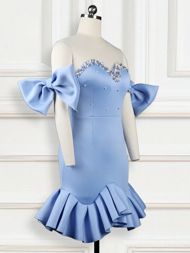 BerryBetty - Fashion Trends Women Party Dress Ruffles Mesh Patchwork Bead Sexy with Bowtie Lovely Christmas Event Elastic Bodycon Backless Celebrate Vestido