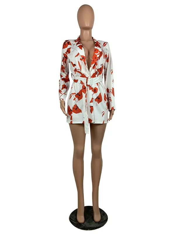 BerryBetty - Floral Long Sleeve Belted Mini Blazer Dress