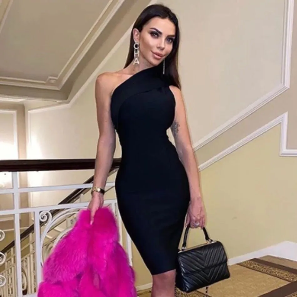 BerryBetty - New Summer Black One Shoulder Bandage Dress Women Sexy Sleeveless Bodycon Club Celebrity Evening Party Dress Vestidos