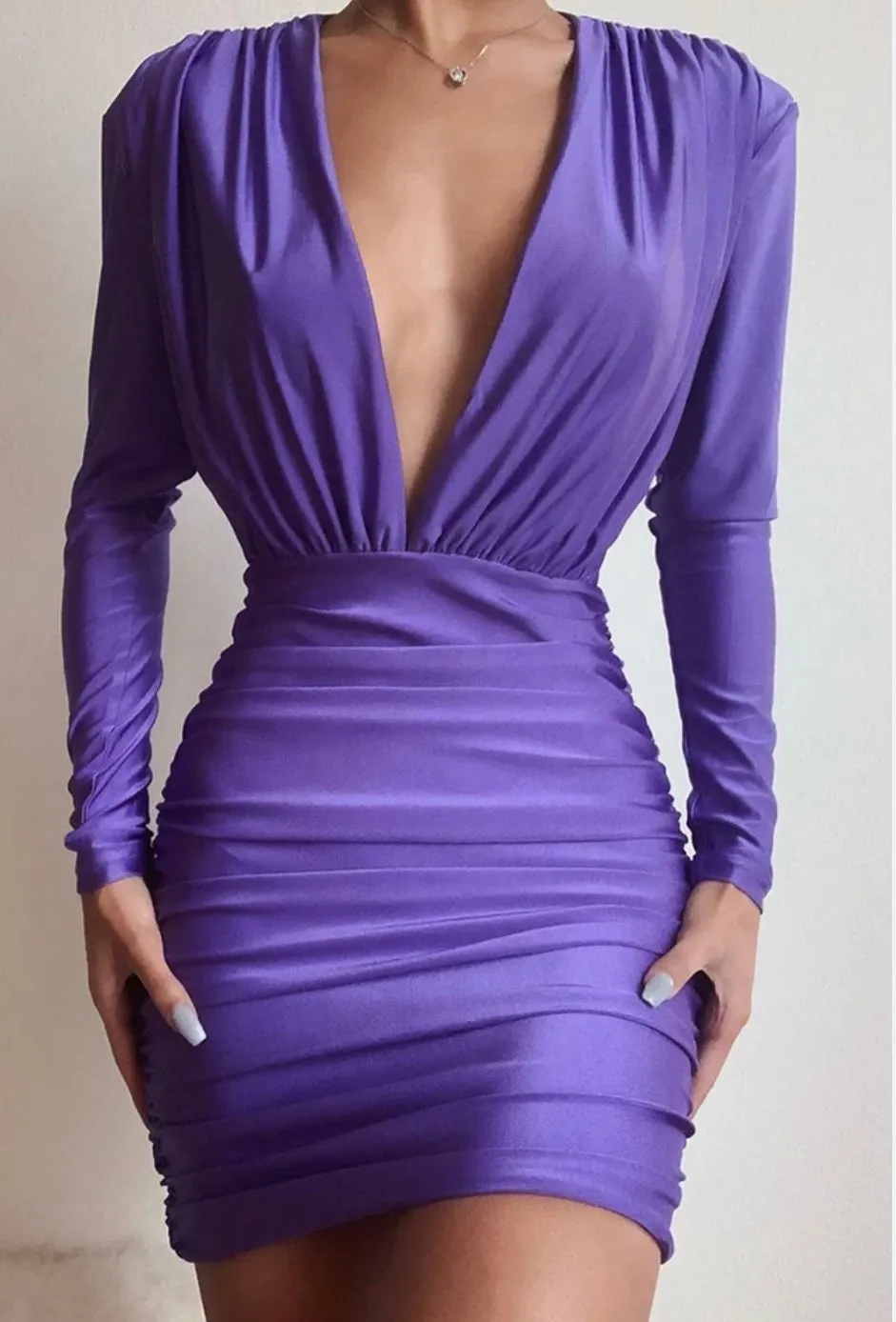 BETHANY DEEP V NECK LONG SLEEVE MINI DRESS