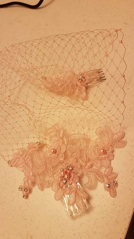Birdcage veil. BLUSH PINK,White,Ivory Bridal Lace wedding fascinator Diamonte Pearl Blusher veil