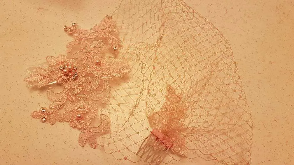 Birdcage veil. BLUSH PINK,White,Ivory Bridal Lace wedding fascinator Diamonte Pearl Blusher veil