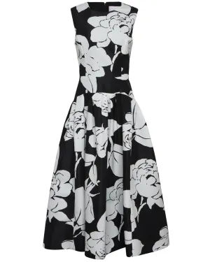 Black and White Floral Full Midi Dress