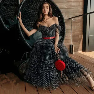 Black Dotted Tulle Short Prom Dresses A Line Off The Shoulder Graduation Dress V-Neck Tea Length Homecoming Gowns