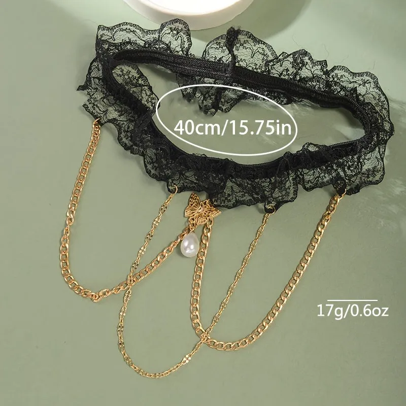 Black Lace Thigh Chain Garter with Elegant Butterfly Pendant, Teardrop Faux Pearl & Tassel Chain - Ideal for Bridal Weddings