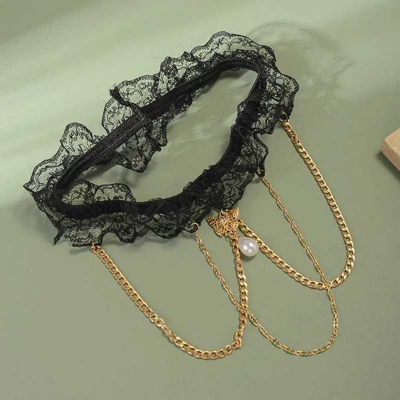 Black Lace Thigh Chain Garter with Elegant Butterfly Pendant, Teardrop Faux Pearl & Tassel Chain - Ideal for Bridal Weddings