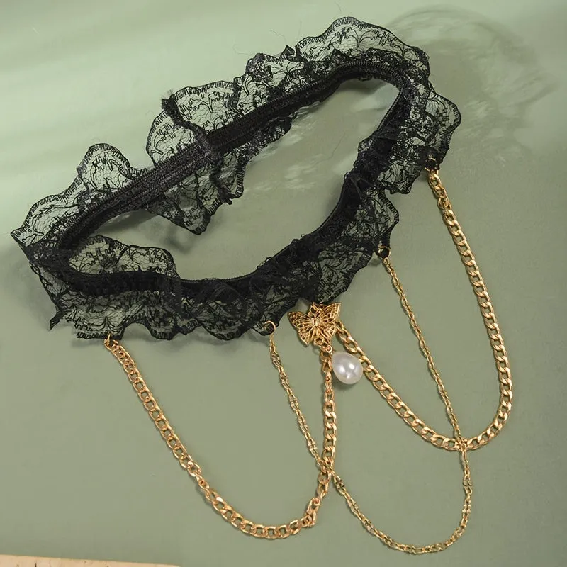 Black Lace Thigh Chain Garter with Elegant Butterfly Pendant, Teardrop Faux Pearl & Tassel Chain - Ideal for Bridal Weddings