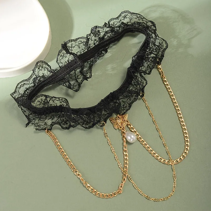 Black Lace Thigh Chain Garter with Elegant Butterfly Pendant, Teardrop Faux Pearl & Tassel Chain - Ideal for Bridal Weddings