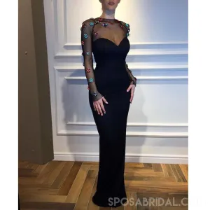 Black Mermaid Long Sleeves Elegant Formal Custom High Quality Prom Dresses , PD1144