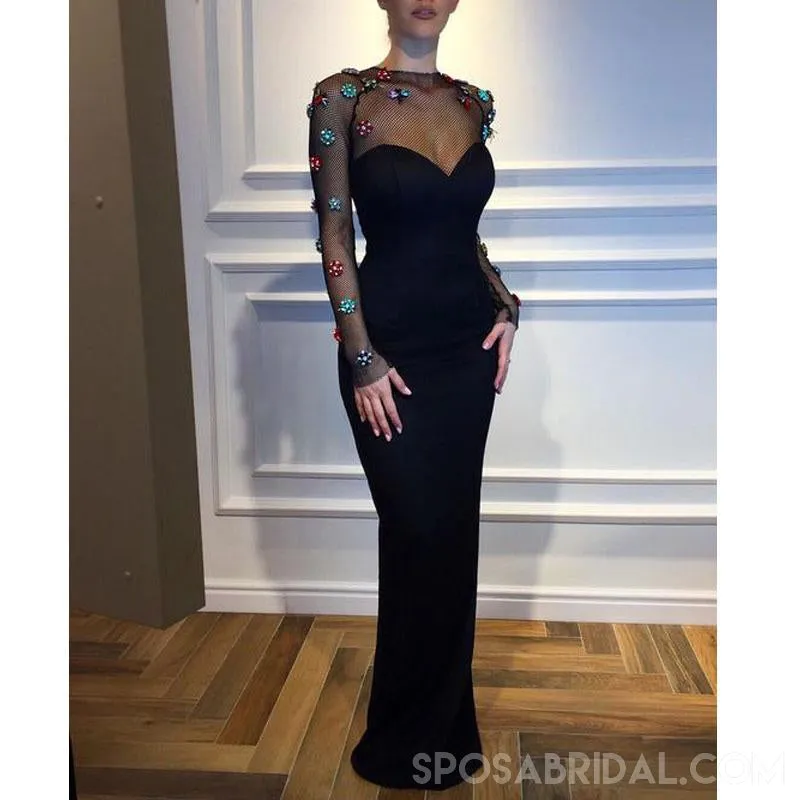 Black Mermaid Long Sleeves Elegant Formal Custom High Quality Prom Dresses , PD1144
