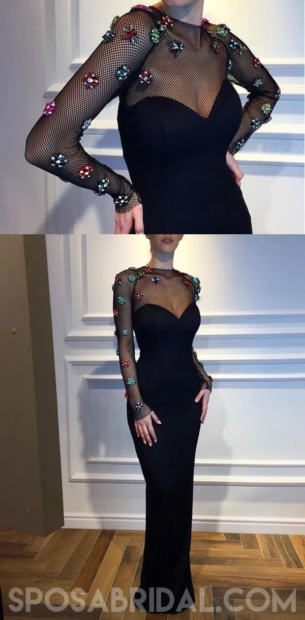 Black Mermaid Long Sleeves Elegant Formal Custom High Quality Prom Dresses , PD1144