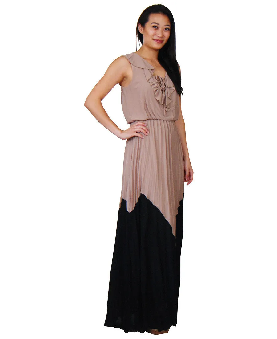 Black Mocha Chevron Ruffle String Maxi Dress