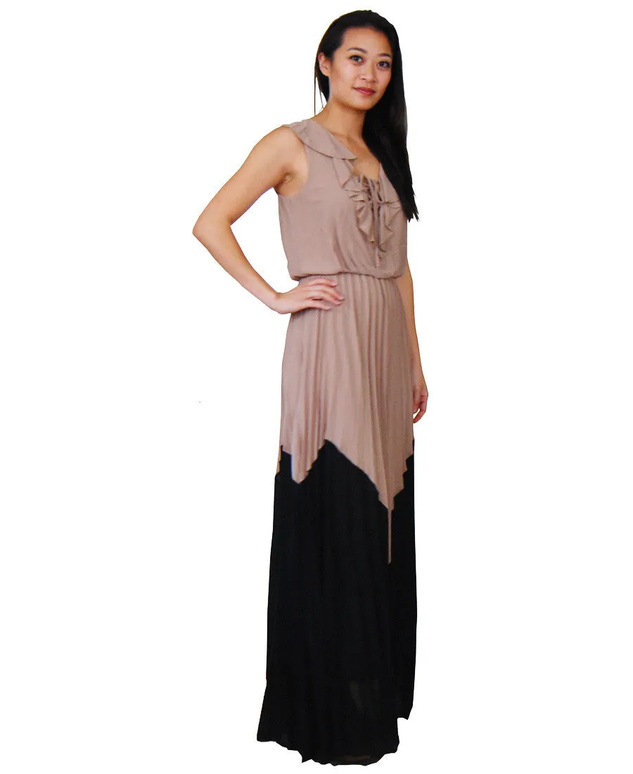 Black Mocha Chevron Ruffle String Maxi Dress