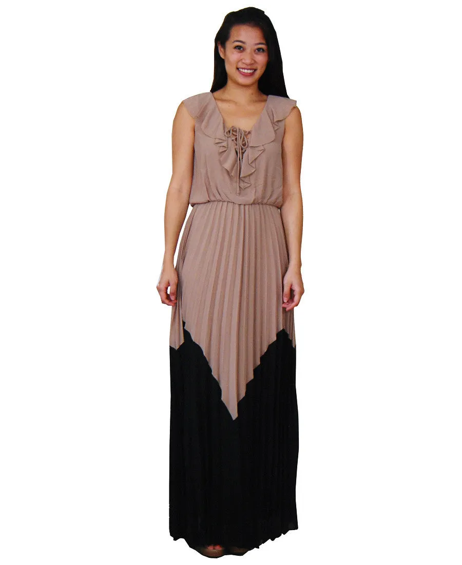 Black Mocha Chevron Ruffle String Maxi Dress