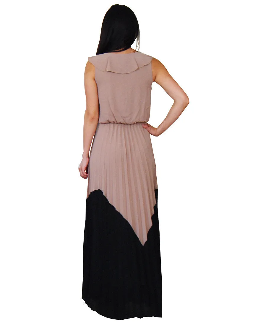 Black Mocha Chevron Ruffle String Maxi Dress