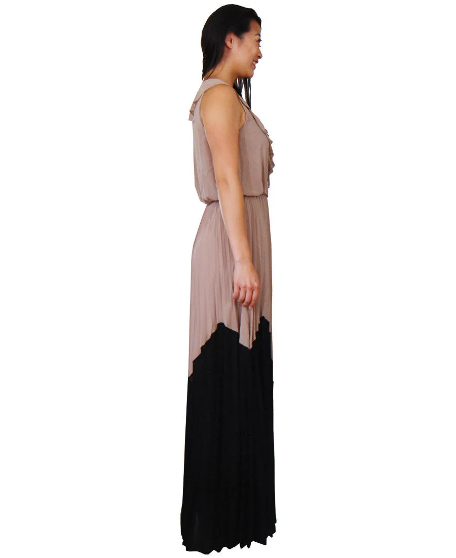 Black Mocha Chevron Ruffle String Maxi Dress