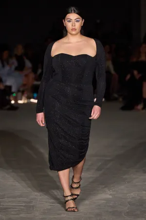 Black Shimmer Side Ruched Long Sleeve Dress