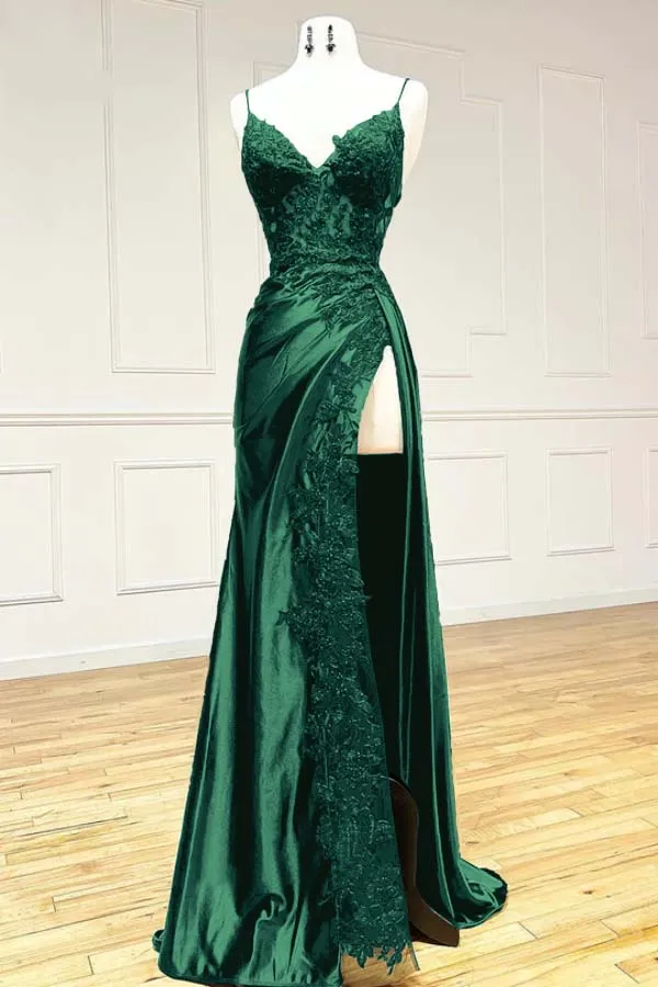 Black Spaghetti Straps Lace Satin Split Sheath Long Party Dress, D39