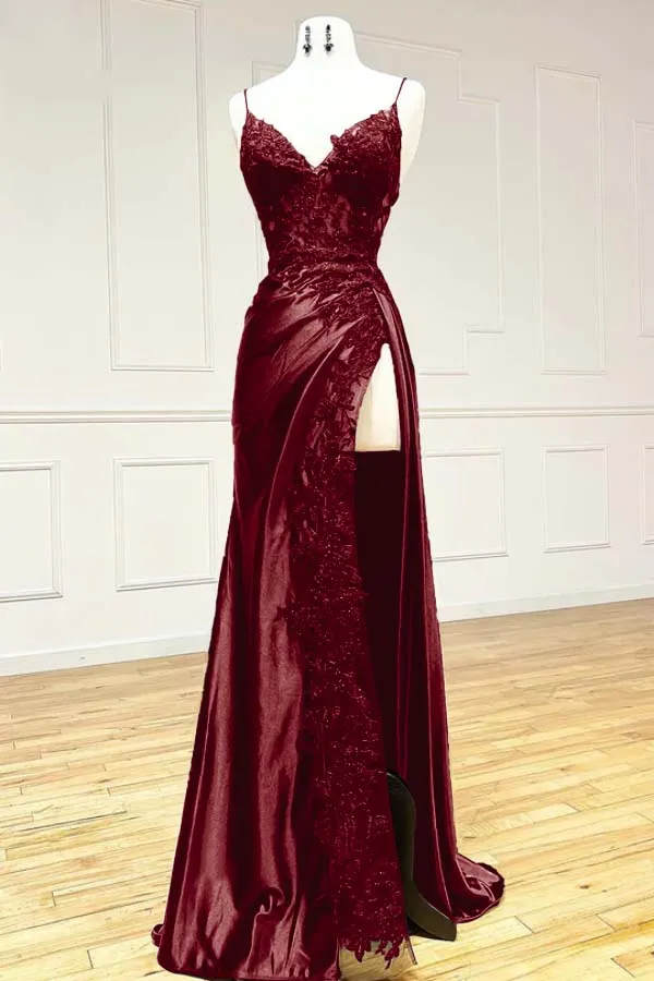 Black Spaghetti Straps Lace Satin Split Sheath Long Party Dress, D39