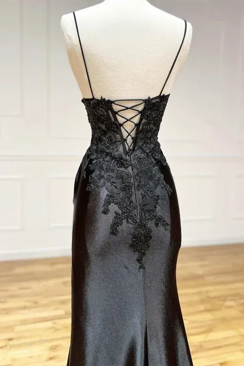 Black Spaghetti Straps Lace Satin Split Sheath Long Party Dress, D39