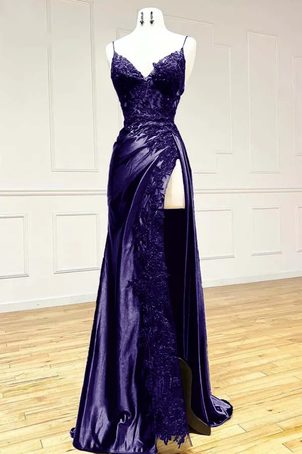 Black Spaghetti Straps Lace Satin Split Sheath Long Party Dress, D39