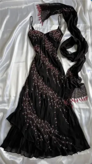 Black Spaghetti Straps Sheath Chiffon Beaded Vintage Long Evening Party Dresses, D1046