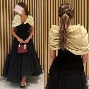 Black Tulle Saudi Arabia Prom Dresses Formal Off-Shoulder Women Evening Party Gowns Ankle Length Midi Celebrity Gown