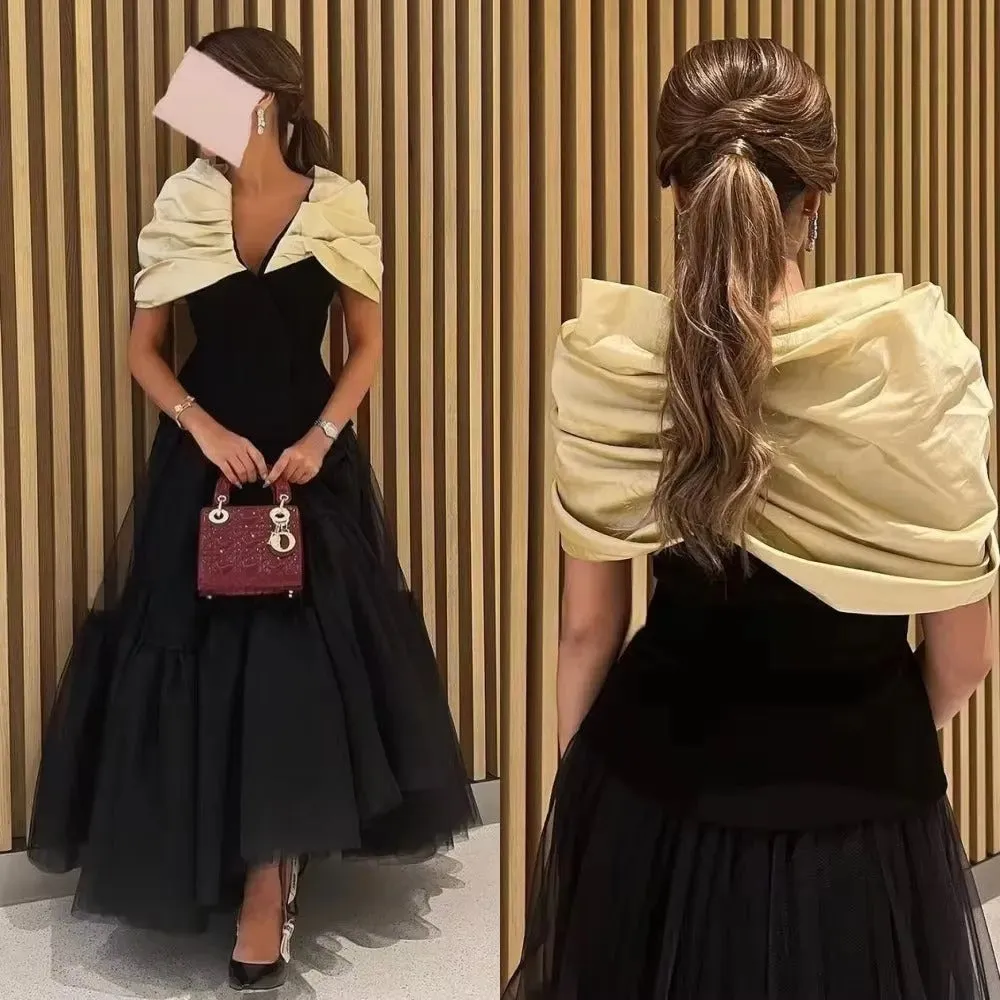 Black Tulle Saudi Arabia Prom Dresses Formal Off-Shoulder Women Evening Party Gowns Ankle Length Midi Celebrity Gown