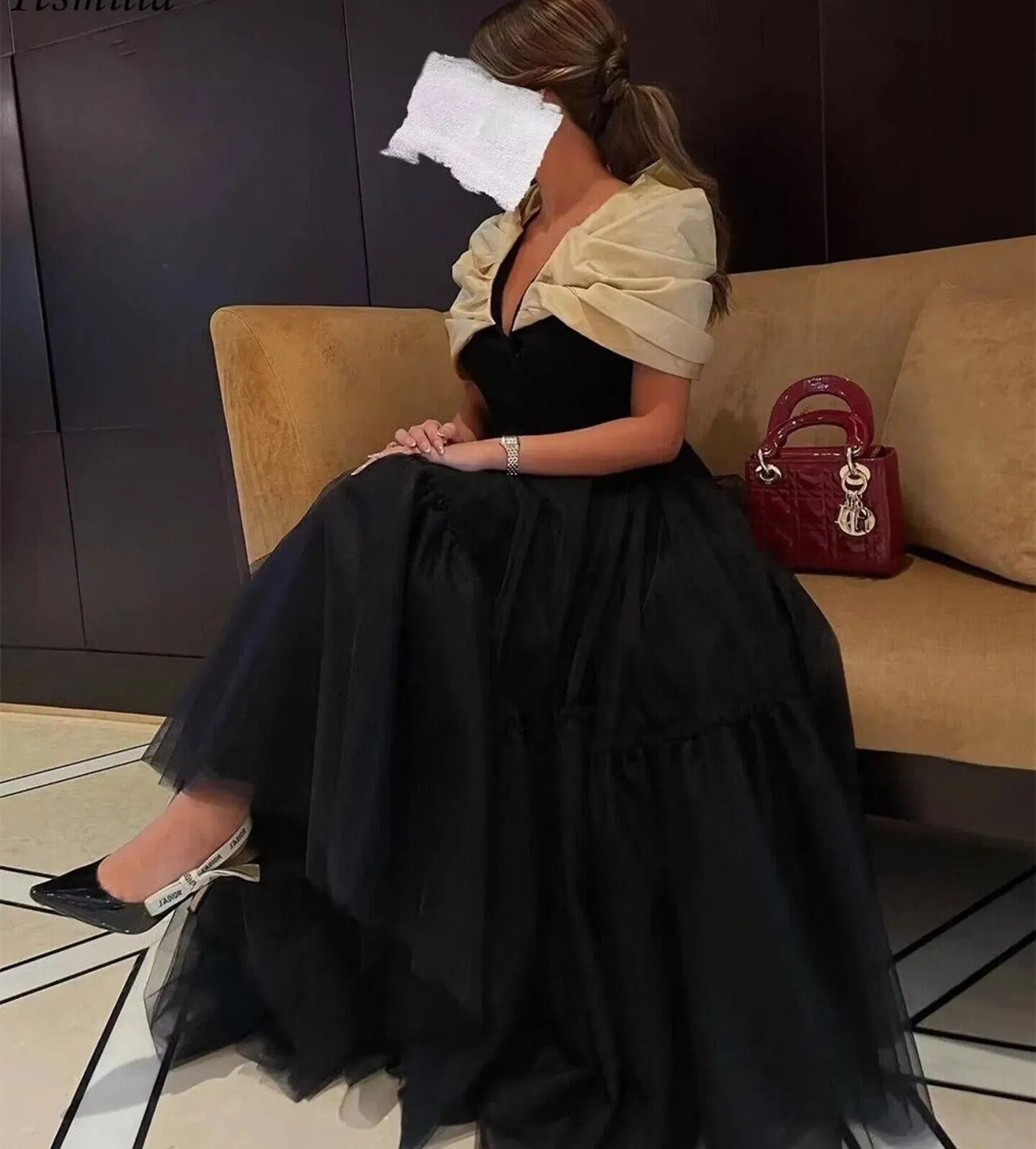 Black Tulle Saudi Arabia Prom Dresses Formal Off-Shoulder Women Evening Party Gowns Ankle Length Midi Celebrity Gown