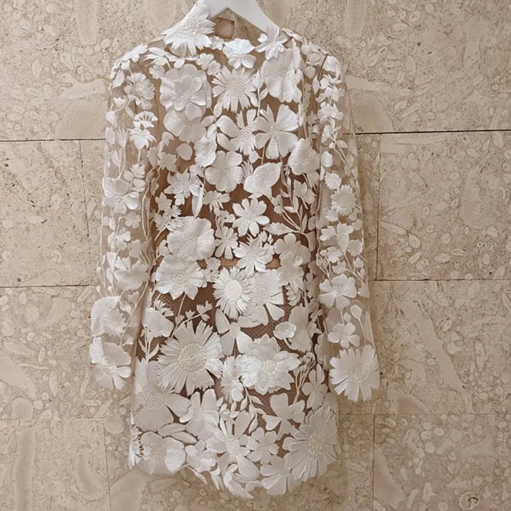 Bloom Embroidered Lace Fitted Wedding Dress Customized Long Sleeves Mini Length Floral Blossom High Neck Boho Bridal Gowns