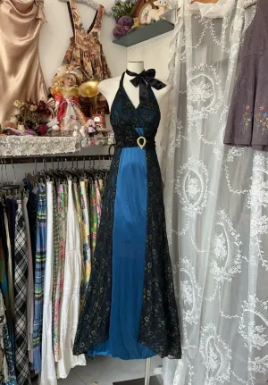 Blue Halter Lace Satin Sheath Vintage Long Prom Dress Formal Party Dress, D320