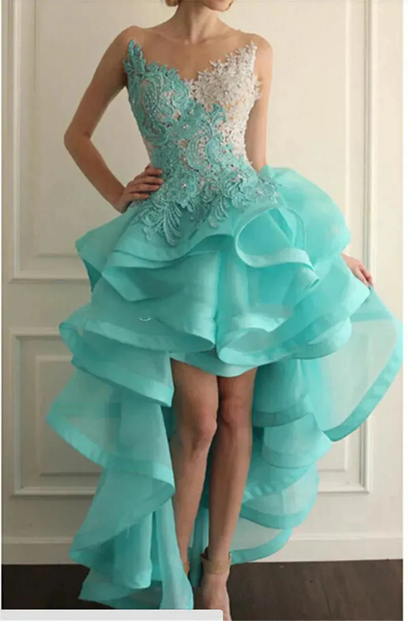 Blue High Front and Low Back Cocktail Dresses Illusion Neck Organza Lace Appliques Ruffle Beads Homecoming Gowns