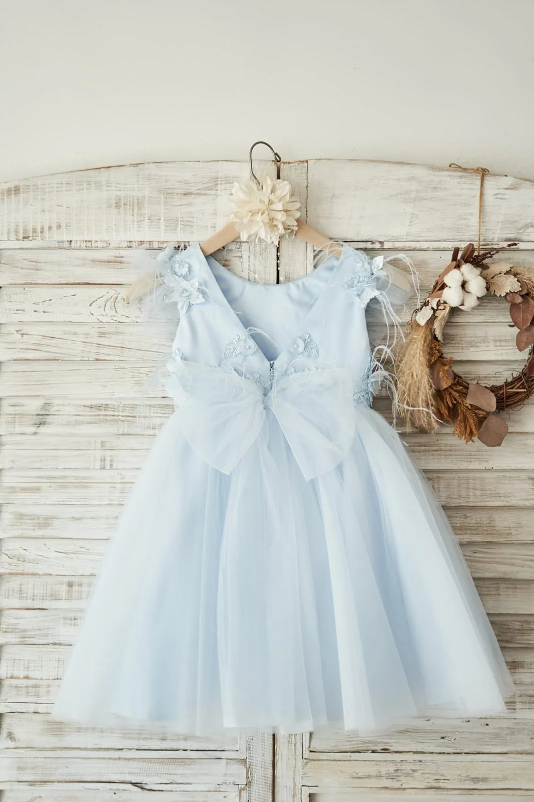 Blue Lace Tulle Cap Sleeves V Back Wedding Flower Girl Dress, Feathers