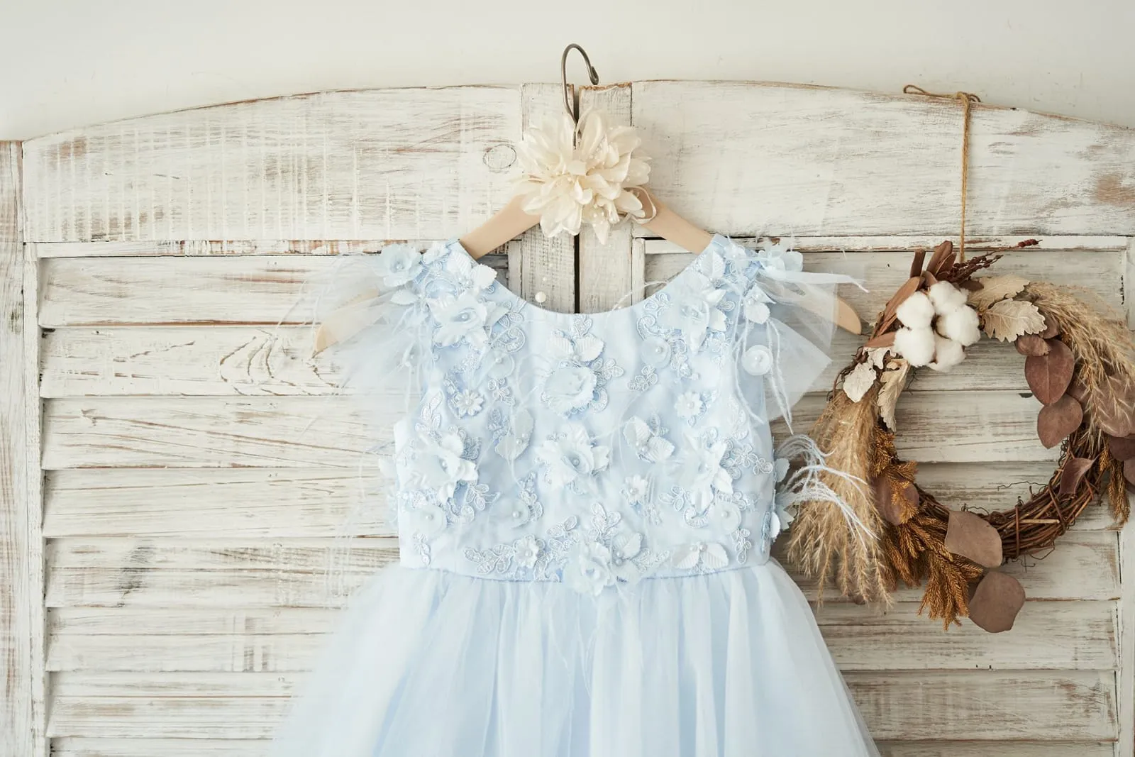 Blue Lace Tulle Cap Sleeves V Back Wedding Flower Girl Dress, Feathers