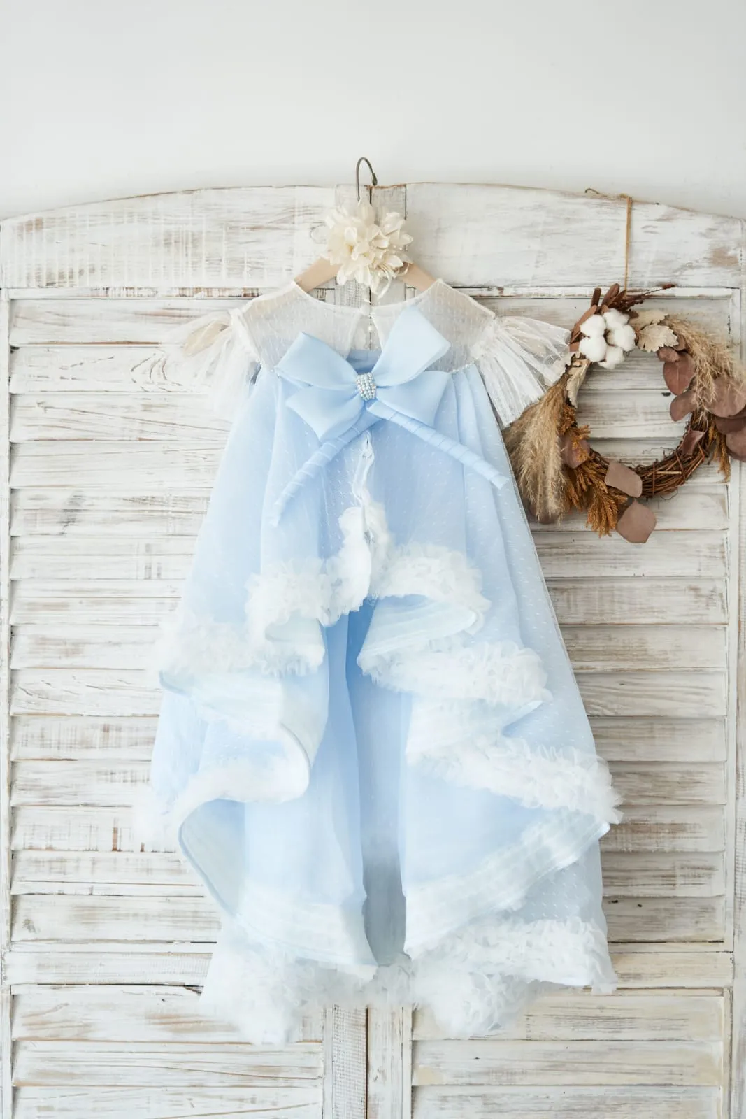 Blue Polka Dot Lace Tulle Cap Sleeves Wedding Flower Girl Dress