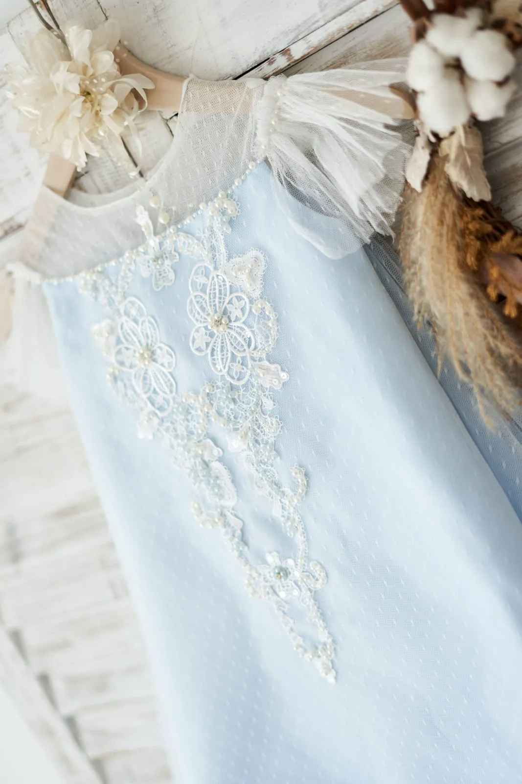 Blue Polka Dot Lace Tulle Cap Sleeves Wedding Flower Girl Dress